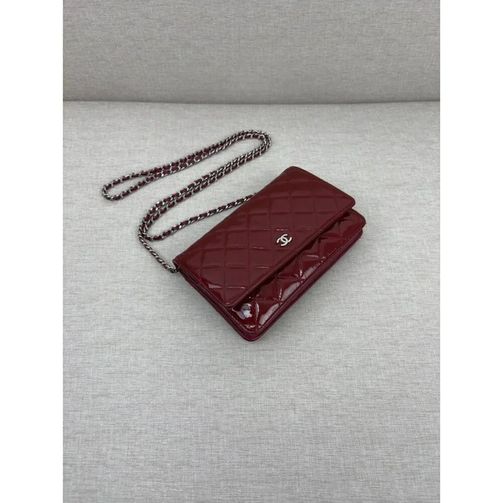 CHANEL Burgundy Patent Leather Wallet on Chain WOC SHW